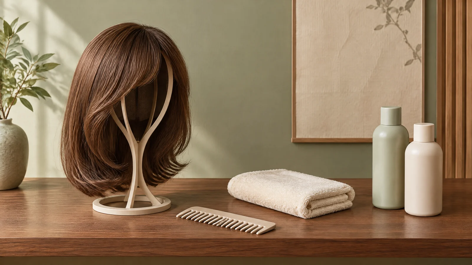 Illustrative wig stand and separate care supplies